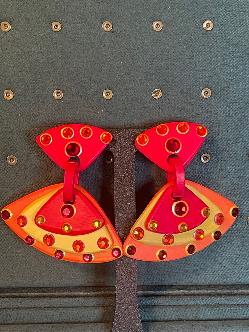Vintage Funky Colorful Fan Shaped Wooden Statement Earrings (UV Reactive)